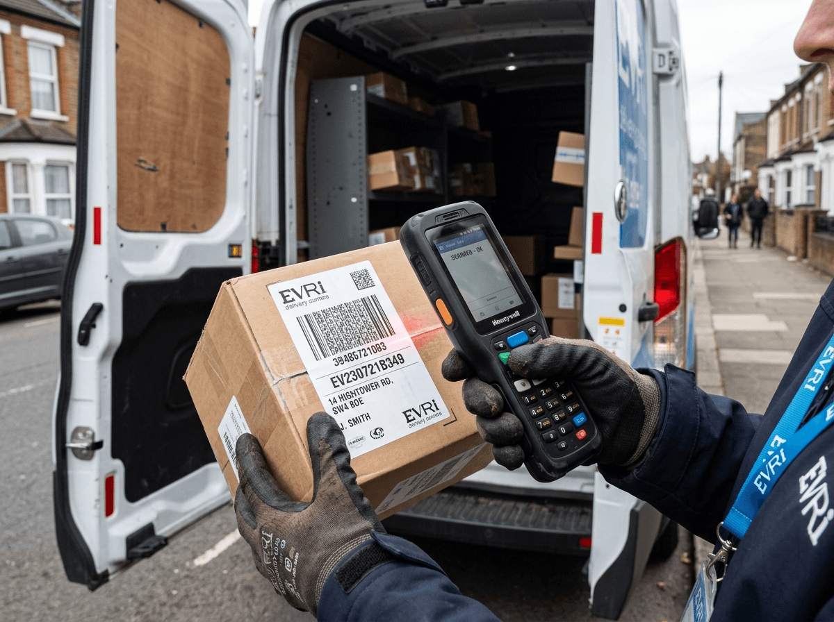 Courier scanning a parcel barcode at the van's rear doors