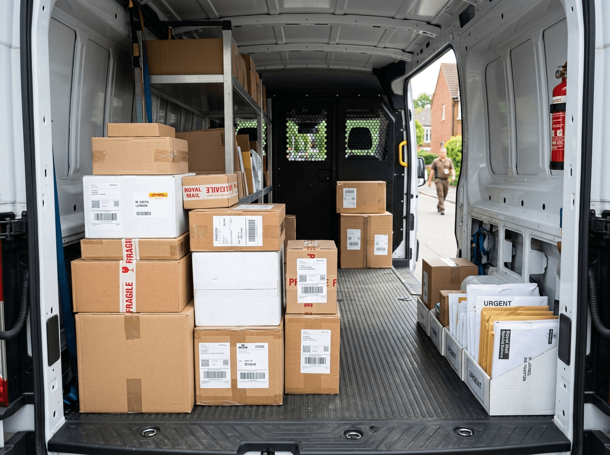 Parcels and document envelopes organised inside a delivery van