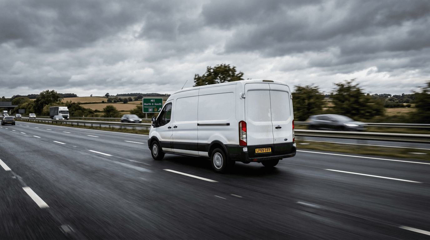 Delivery van travelling at speed on a UK motorway