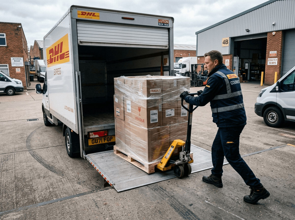 Courier loading a pallet into a box van at an industrial unit