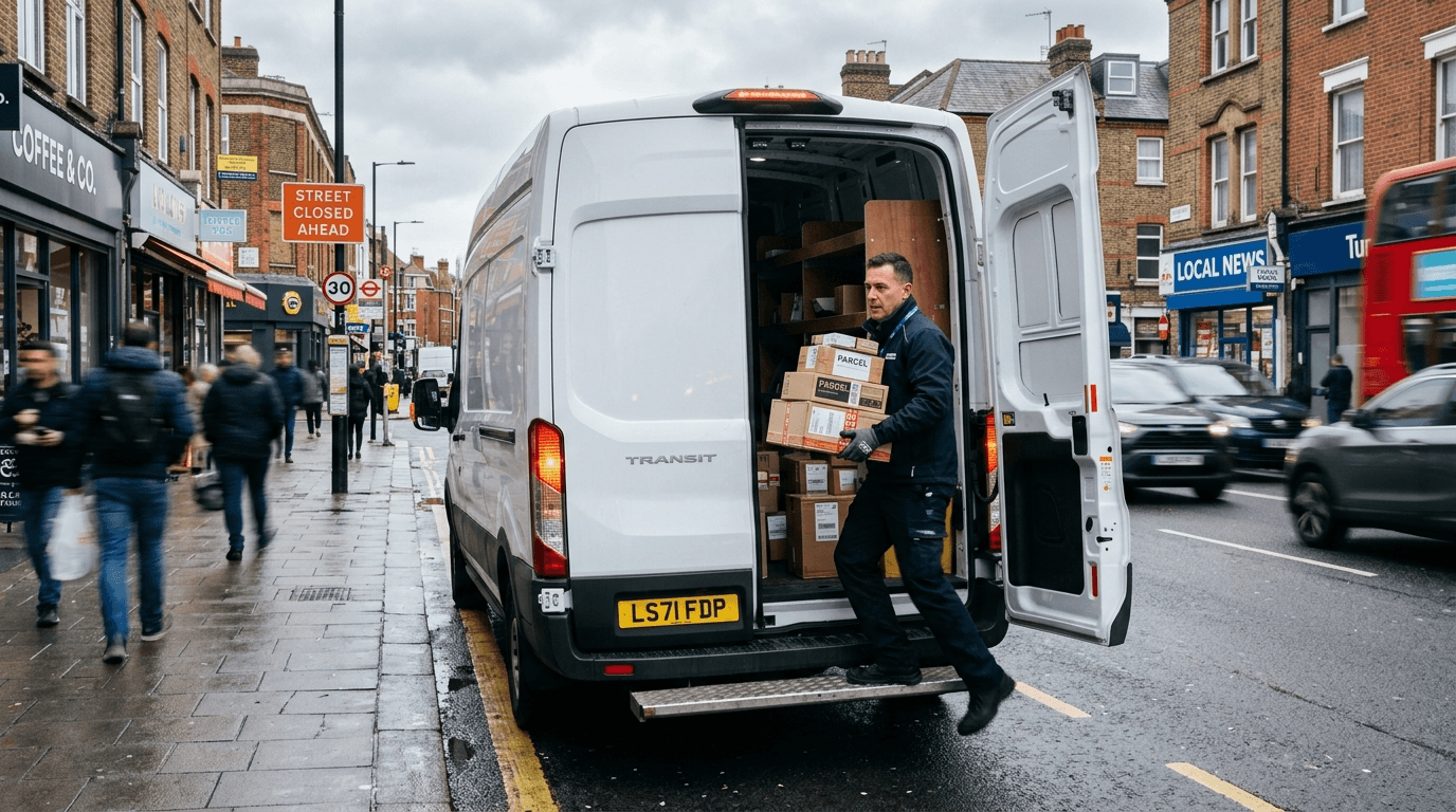 Courier loading parcels into a delivery van on a UK city street